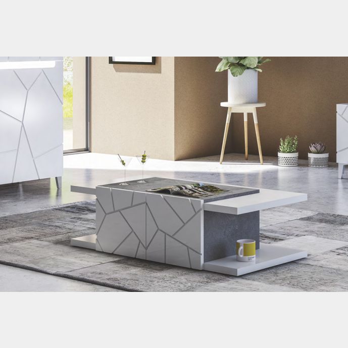 Tavolino da salotto con 2 ante, bianco lucido con dettagli geometrici