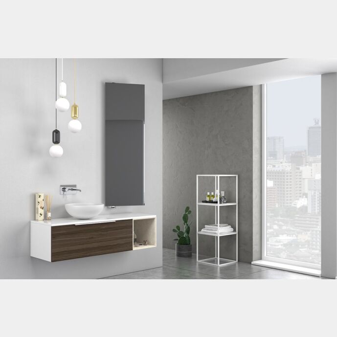 Bagno di design sospeso Bianco, Noce e Beige con specchio inclinabile