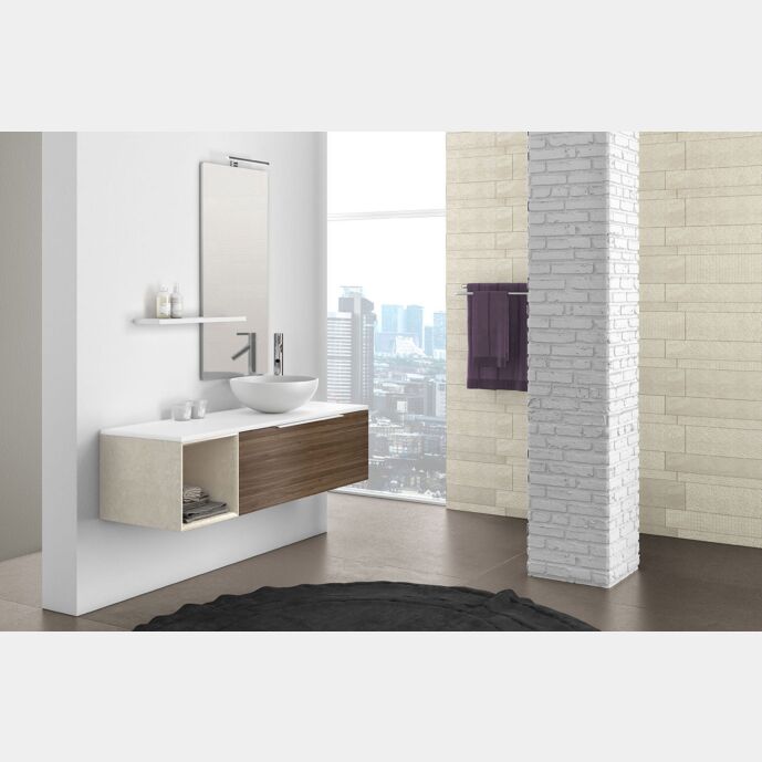 Composizione bagno sospesa Noce, Bianco con cubotto in pietra naturale Beige