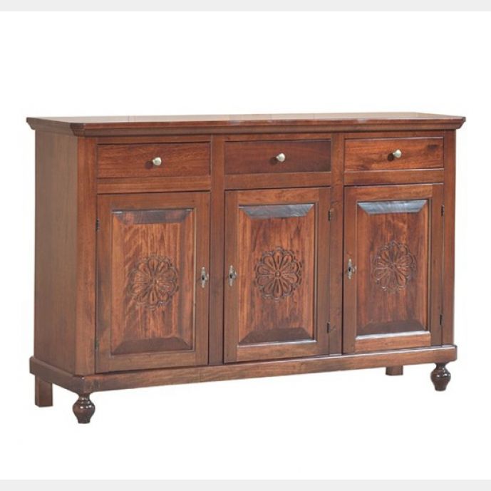 Credenza in legno finitura noce arte povera, con 3 porte intagliata e 3 cassetti 158x102