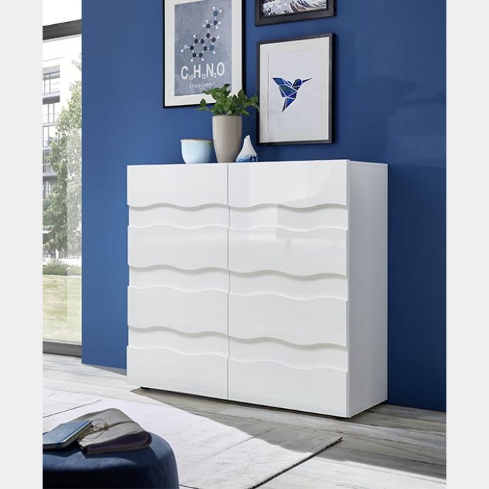 Madia contenitore onda a 2 ante, finitura bianco lucido, design moderno