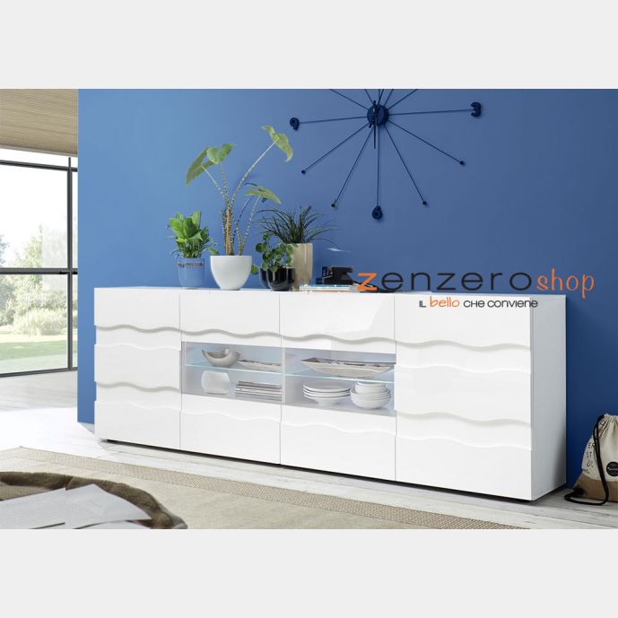 Madia onda a 2 ante 4 cassetti, finitura bianco lucido, design moderno