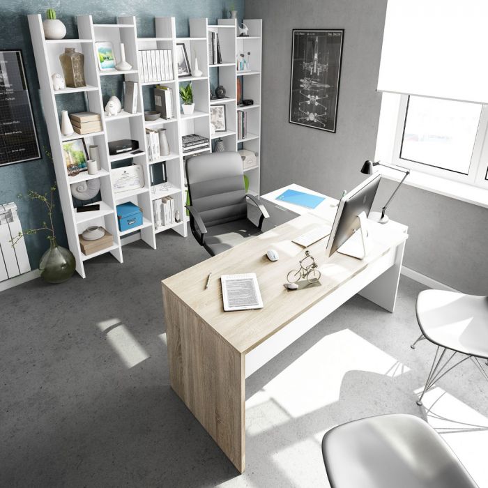 Ufficio moderno completo di 3 librerie e 1 scrivania, Bianco Artik e Rovere  Canadian