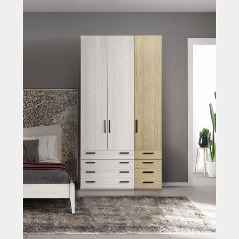 Armadio moderno L.136 a 3 ante e 8 cassetti H.257, finitura Frassino Bianco  e Rovere Oak