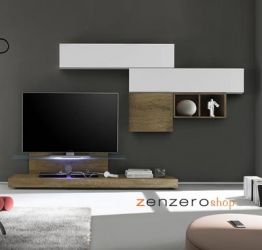 Parete attrezzata moderna di design, rovere miele e bianco lucido - 249x190 cm