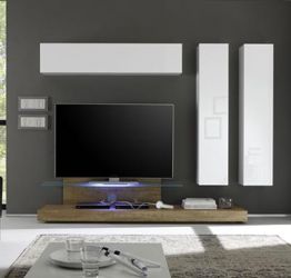 Parete attrezzata moderna di design, Rovere Miele e Laccato Bianco