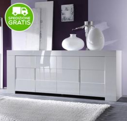 Credenza Moderna, Madia di Design elegante, 4 ante, Bianco Lucido