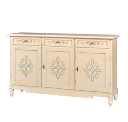 Credenza in legno finitura avorio pennellato con decori, con 3 porte e 3 cassetti 156x94