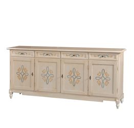 Credenza in legno finitura avorio pennellato, con 4 porte e 4 cassetti 205x94