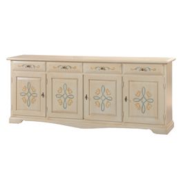 Credenza in legno finitura avorio pennellato con decori, con 4 porte e 4 cassetti 205x86