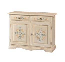 Credenza in legno finitura avorio pennellato con decori, 2 porte e 2 cassetti 105x86