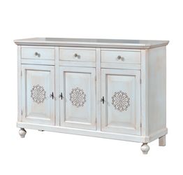 Credenza in legno finitura bianco invecchiato, con 3 porte intagliata e 3 cassetti 158x103