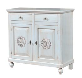 Credenze shabby, Credenza in legno finitura bianco invecchiato, con 2 Porte Intagliata e 2 cassetti 113x103