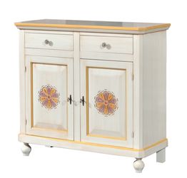 Credenza in legno in avorio pennellato con decori, con 2 porte Intagliata e 2 cassetti 113x103