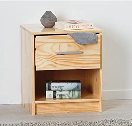 Comodino in legno massello, 1 cassetto, colore legno naturale