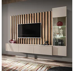 Parete attrezzata con boiserie Cannettata, 220x148x36 h cm, Cashmere e Rovere artisan 