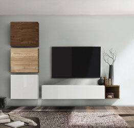 Soggiorno Zenzero, parete attrezzata moderna di design, noce stelvio, noce dark e bianco lucido 