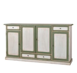 Credenza in legno finitura cerato bianco e verde, con 4 porte e 4 cassetti 205x113