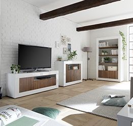 Soggiorno moderno completo con Porta TV, Madia e Libreria, finitura Bianco Lucido e Noce Dark