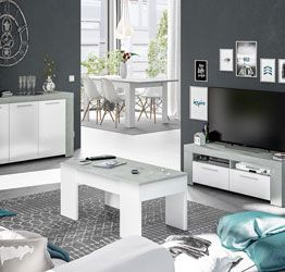 Soggiorno moderno completo con Tavolo, Porta TV, Madia e Tavolino, finitura Cemento e Bianco