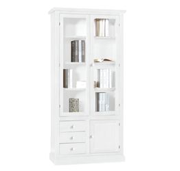 Libreria in legno finitura Bianco Opaco, con 2 ante in vetro, 1 porta e 3 cassetti