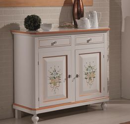 Credenza in legno finitura laccato bianco con decori, con 2 porte e 2 cassetti 113x103