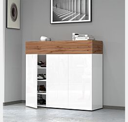 Scarpiera a 3 ante e 1 anta a ribalta, Bianco laccato lucido e Rovere wotan
