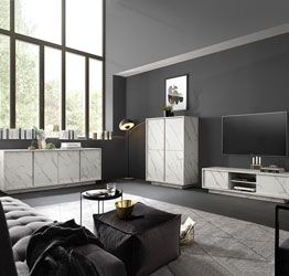 Sala moderna, effetto Marmo Bianco di Carrara, 2 Madie 4 ante e Porta TV