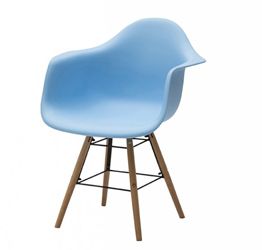 Sedia di Design Azzurro con gambe in Legno, seduta e braccioli in pvc