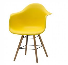 Sedia di Design Gialla con gambe in Legno, seduta e braccioli in pvc