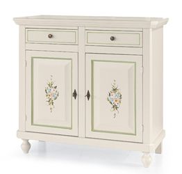 Credenza in legno, bianco lucido con decori, arte povera - cm 104x98