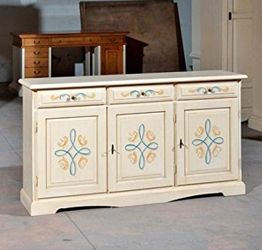 Credenza in legno finitura avorio pennellato con decori, con 3 porte e 3 cassetti 156x86