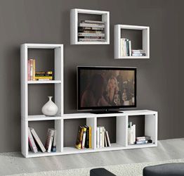 Porta Tv Moderno di Design, a quadrati, in Legno Bianco Frassinato