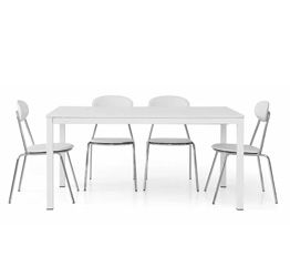 Tavolo allungabile struttura in metallo e piano in legno, finitura bianco frassinato, apertura con binario