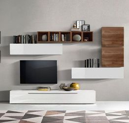 Soggiorno Zenzero, parete attrezzata, moderna e di design, bianco lucido e Noce Dark