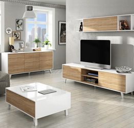 Composizione Alfa, con porta TV, Madia e tavolino, Bianco Lucido e Rovere