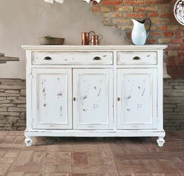 Credenza 3 ante in legno, bianco shabby