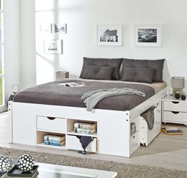 Letto in pino massello colore bianco con vani contenitore e comodino con ruote incluso