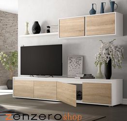 Parete attrezzata moderna, con base tv, pensili e mensola, bianco artik e rovere canadian