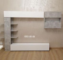 Parete attrezzata con libreria laterale, Bianco Laccato Lucido e Beton