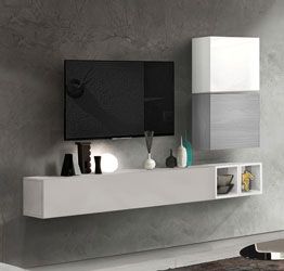 Soggiorno Zenzero moderno, parete attrezzata moderna con pensili in finitura Bianco lucido, Gesso e Grigio Artico