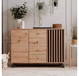 Credenza 2 ante e 4 cassetti, colore Rovere Oak e Antracite 