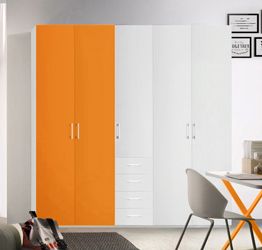 Armadio H.195 con 5 ante battenti e 4 cassetti in finitura Bianco e Arancio LACCATO 