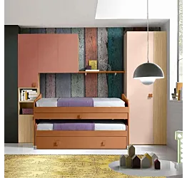 Cameretta con letto salvaspazio 3 posti, finitura Rovere ambra, Rosa antico, Peonia e Terracotta