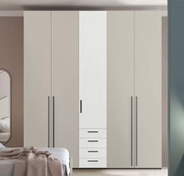 Armadio moderno L.226 a 5 ante e 4 cassetti H.257, finiture Bianco Opaco e Grigio Dorian