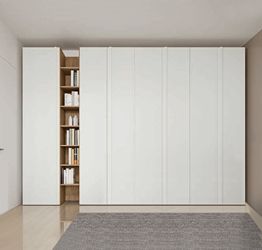 Armadio battente con libreria, 7 ante, finitura Rovere bianco e Rovere cognac