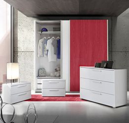 Set zona notte con Armadio Vertigo, Comò e Coppia Comodini, Bianco opaco e Rosso