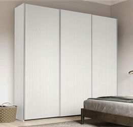 Armadio scorrevole moderno a 3 ante H.257 L.267.5, color Rovere Bianco