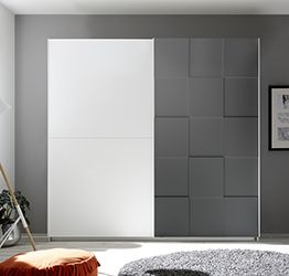 Armadio moderno 2 ante scorrevoli con forme geometriche, 220x210, bianco opaco e grigio opaco