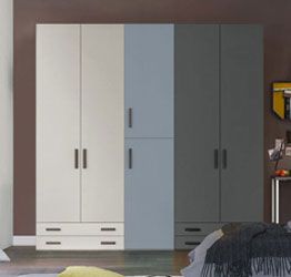 Armadio moderno L.241 a 6 ante e 4 cassetti H.257, finiture Grigio Dorian, Cenere e Grigio Titanio